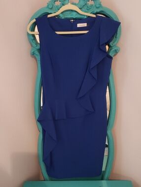 Calvin Klein Cobalt Blue One-Shoulder Ruffle Sheath Dress